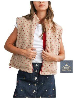 Faux Sherpa Fleece Vest Polka Dot Sleeveless Zip Up Gilet with Pockets